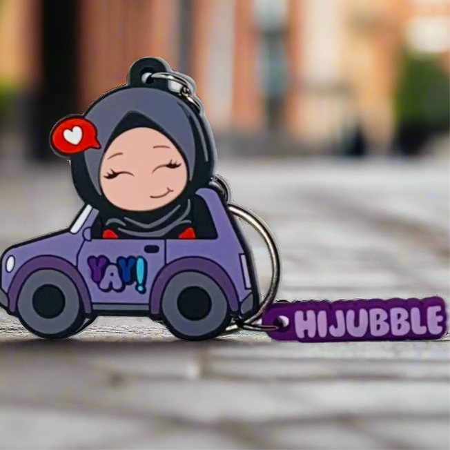 Hijubble Driving Car Keychain - Purple - Cute Hijabi in a Car with Fun Charm