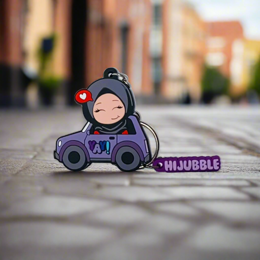 Hijubble Driving Car Keychain - Purple - Cute Hijabi in a Car with Fun Charm