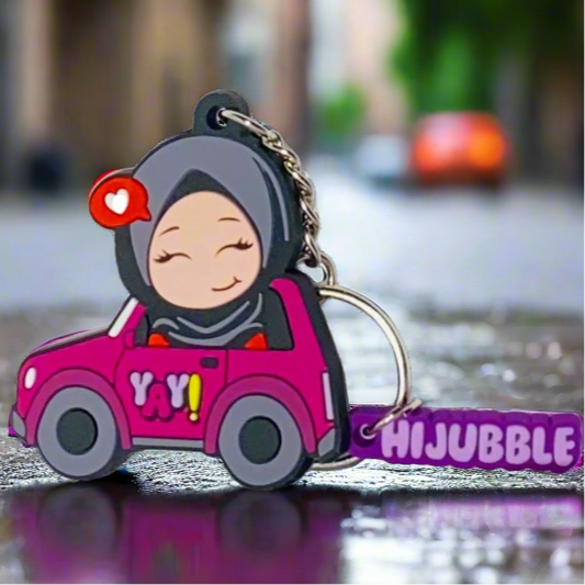 Hijubble Driving Car Keychain - Pink - Cute Hijabi in a Car with Fun Charm
