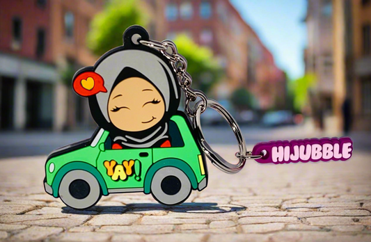 Hijubble Driving Car Keychain - Green- Cute Hijabi in a Car with Fun Charm
