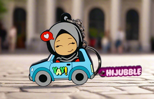 Hijubble Driving Car Keychain - Blue- Cute Hijabi in a Car with Fun Charm