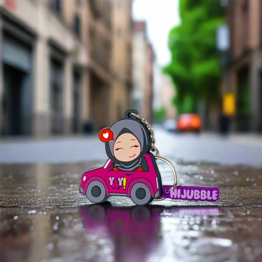 Hijubble Driving Car Keychain - Pink - Cute Hijabi in a Car with Fun Charm